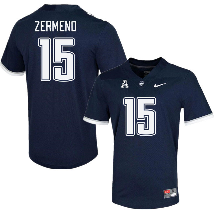 Men #15 Brayden Zermeno Connecticut Huskies College Football Jerseys Stitched Sale-Navy - Click Image to Close